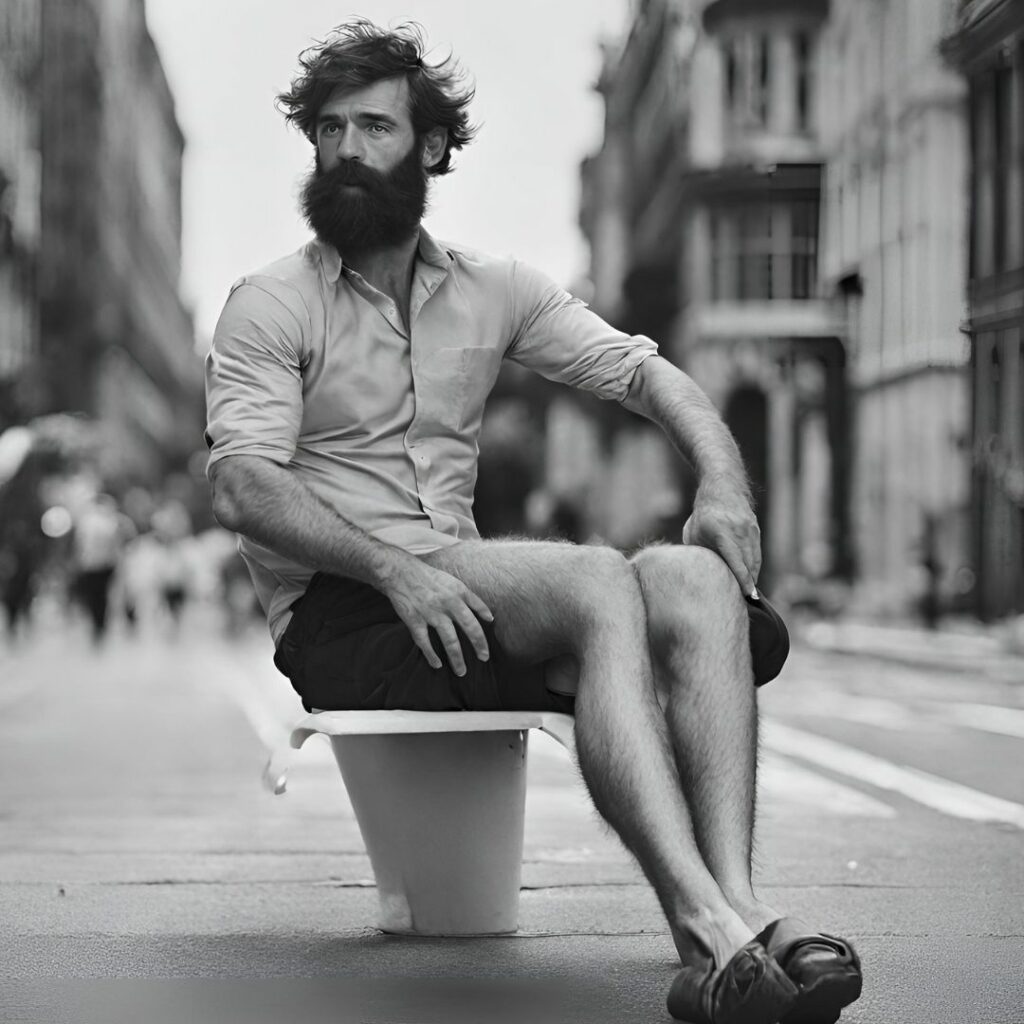 man sitting with hairy legs
